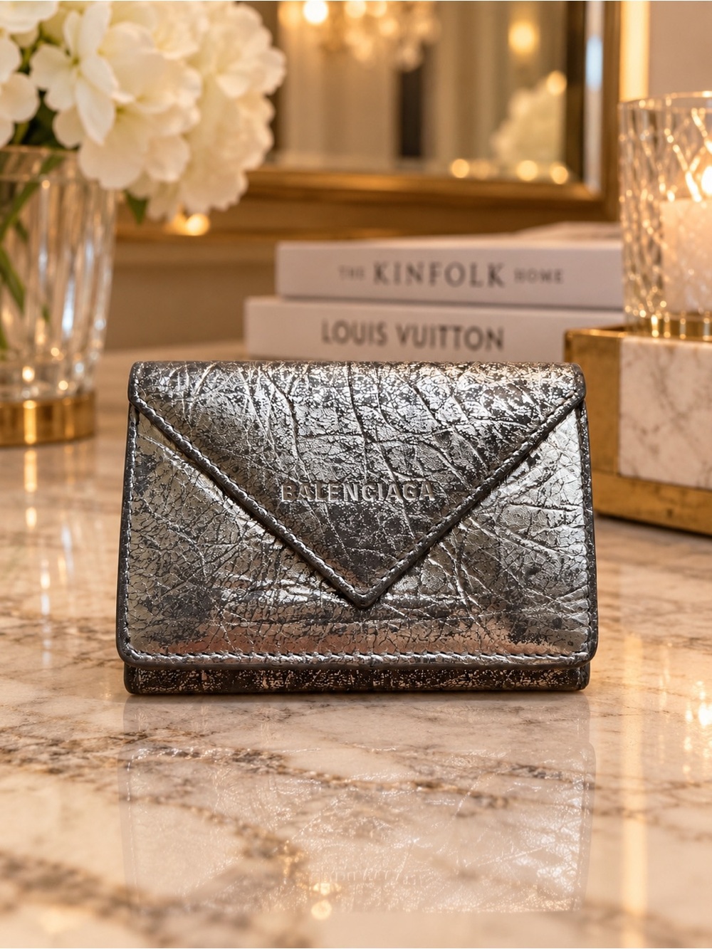 Balenciaga Papier Mini Metallic Silver Leather Trifold Wallet 391446